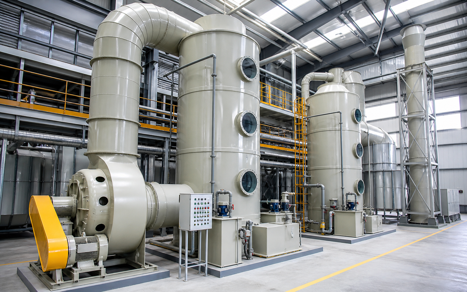Industrial air pollution control system with scrubber tower, ducting, blower, and control equipment