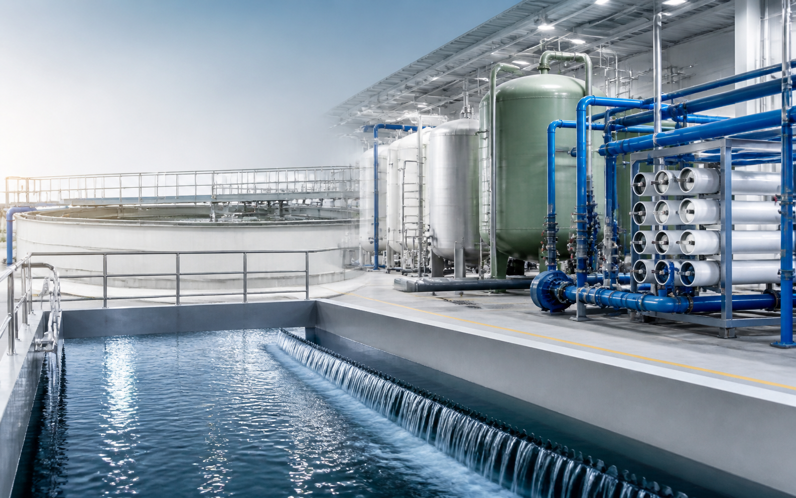 Modern wastewater treatment plant equipment with tanks, clarifiers, and process piping